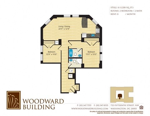 Floor plan for 2 beds, 2 baths, 1208 sqft